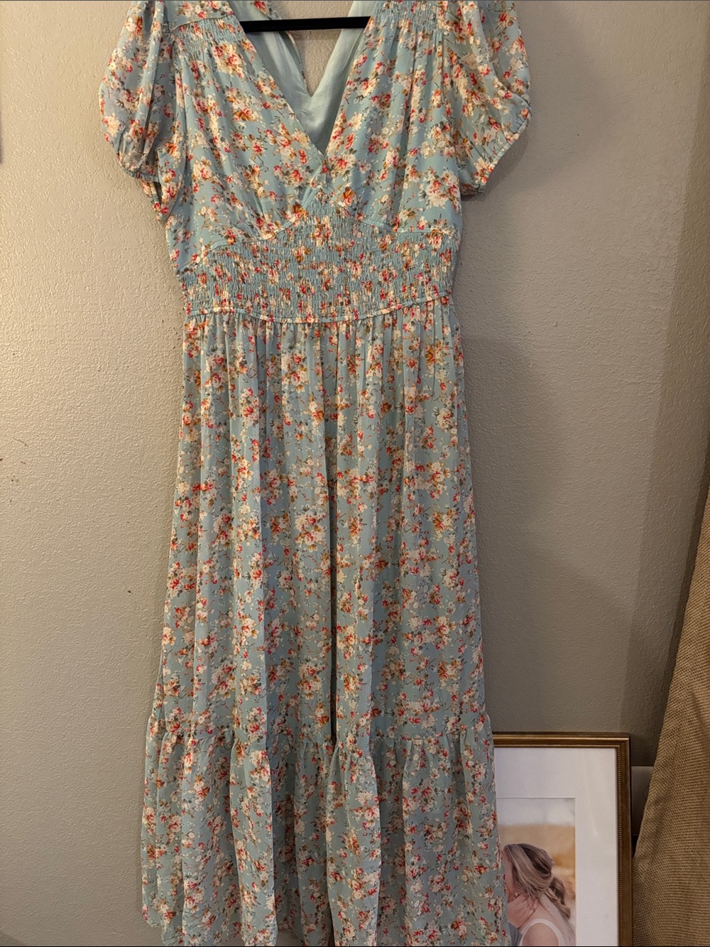 In Loom Pale Blue Floral Maxi Dress with Puff Sleeves. Button missing on back. L